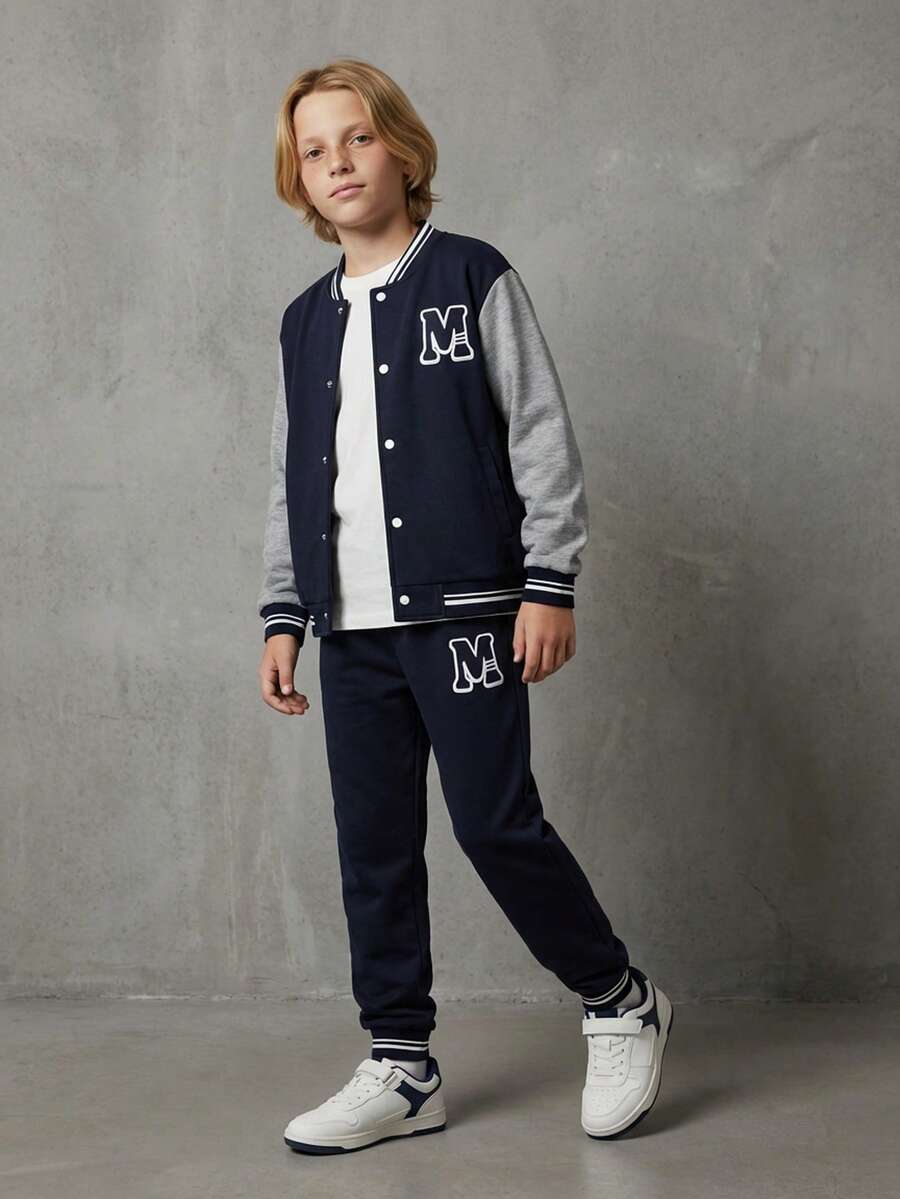 SHEIN Casuvi Kids Áo khoác và quần cổ bóng chày in chữ màu tương phản cho bé trai tuổi teen, trang phục thường ngày, mùa thu - màu đen - Xem 1
