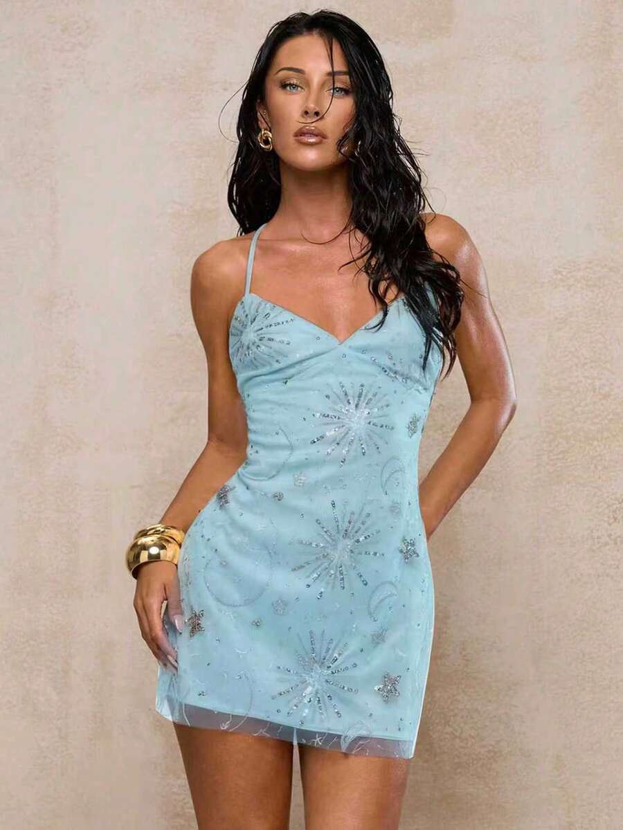 Glamine 女士网纱露背系带优雅浪漫性感约会连衣裙 - 藍白色 - 查看 1