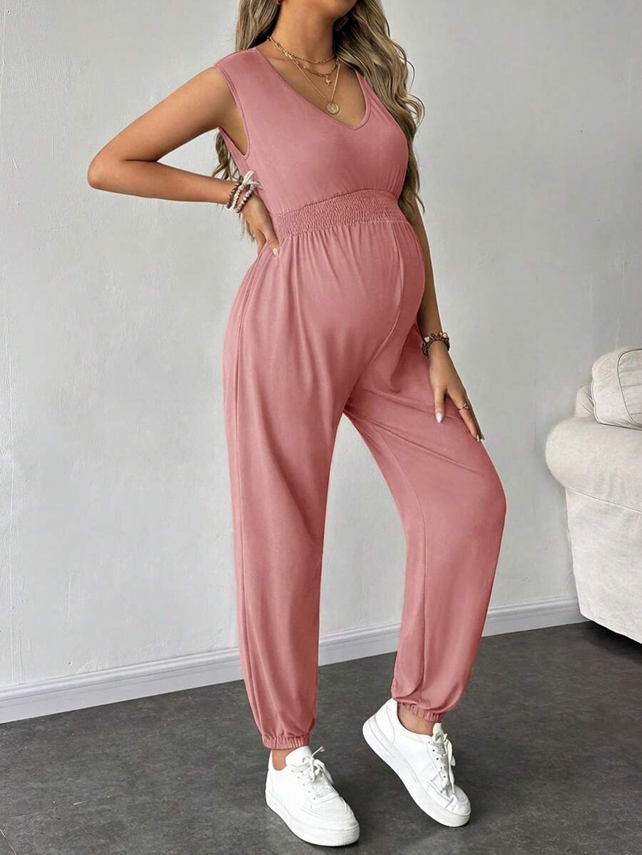 SHEIN Maternity Solid Color V-Neck Casual Sleeveless Jumpsuit, Summer