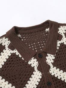 Manfinity Homme Party Men Knitted Fitted Turndown Collar Short Sleeve Casual Cardigan Fall Sweater, Suitable For Daily Wear - Brown - View 5