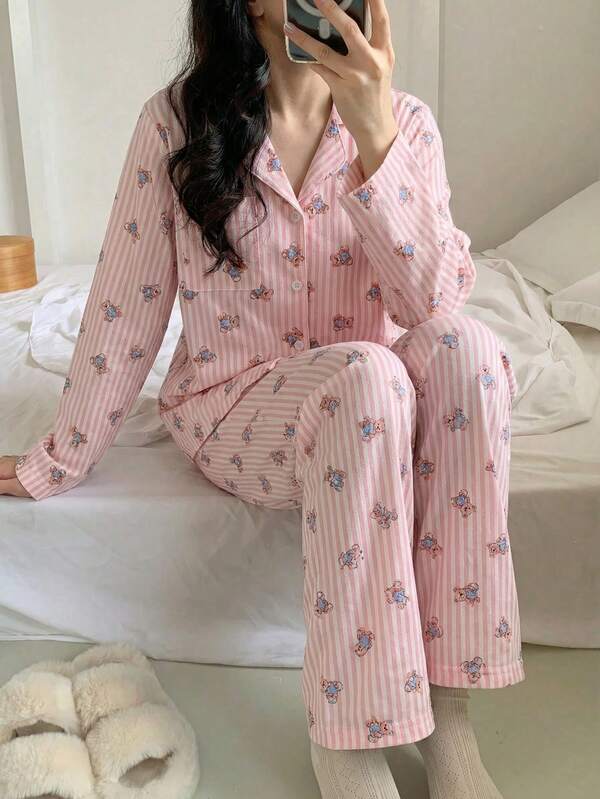 Girls Cute Sweet Pink Striped Teddy Bear Cartoon Print Pajama Set, Casual Loose Fit Long Sleeve Top And Pants, Suitable For Spring And Autumn Soft Pajamas Set Pink Pajamas For Women Pink Striped Pajamas Cute Pajamas For Woman Pink Striped Pajama Set Bear Print Pajama Set