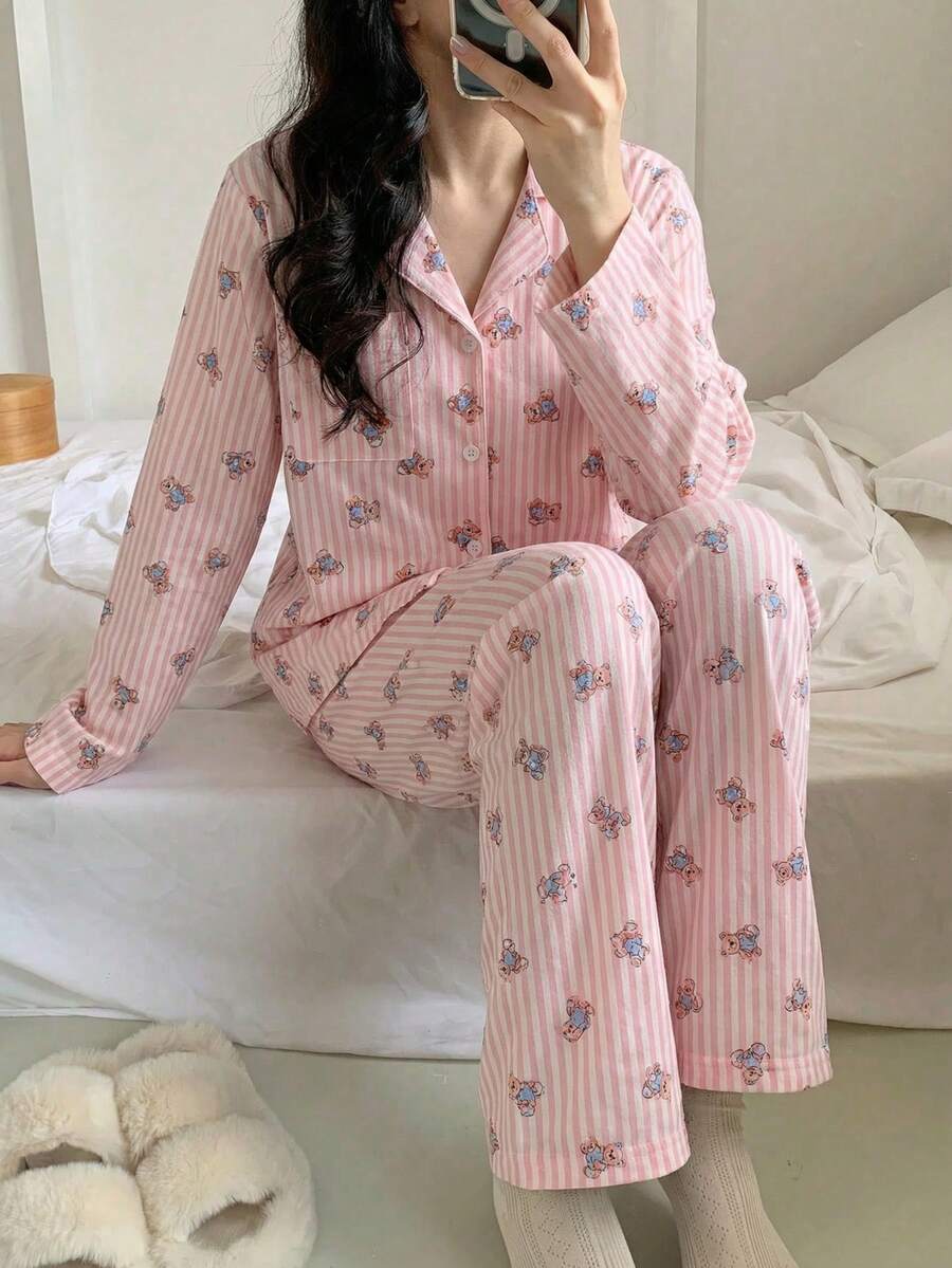 少女可愛甜美粉色條紋泰迪熊卡通印花睡衣套裝,休閒寬鬆長袖上衣與長褲,適合春秋穿著,柔軟睡衣套裝,粉色條紋睡衣套裝,熊圖案睡衣套裝 - 粉色 - 查看 1