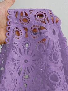 Maweii 大码纯色镂空圆领优雅长袖衬衫 - 淡紫色 - 查看 7