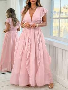 Roveilla Plus Size Elegant Solid Color Ruffle V-Neck Spring/Summer Pleated Dress - Pink - View 5