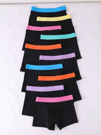 Teen Boys Trunks-10 Pack Boxer Briefs Black Base Colorful Waistbands Bright Multicolor Striped Elastic Waistband Low Rise Comfortable Stretch Everyday Active Sleep Sports Pack Multipack Durable Tagless No Itch Four Seasons 2026 Holiday Essential