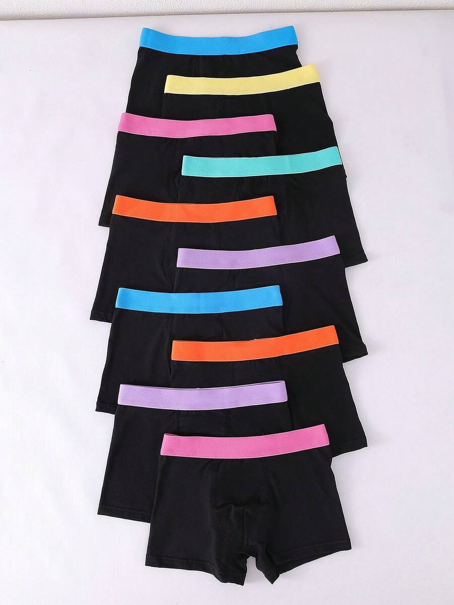 Teen Boys Trunks-10 Pack Boxer Briefs Black Base Colorful Waistbands Bright Multicolor Striped Elastic Waistband Low Rise Comfortable Stretch Everyday Active Sleep Sports Pack Multipack Durable Tagless No Itch Four Seasons 2026 Holiday Essential