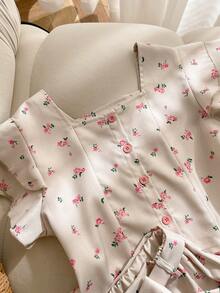 Elladie kids 2件套少女夏季新款荷叶袖前开衩A字裙配腰带碎花休闲套装 - 彩色 - 查看 3