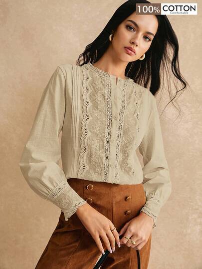 Poéselle Women's Fashionable Elegant Embroidered Button Long Sleeve Shirt