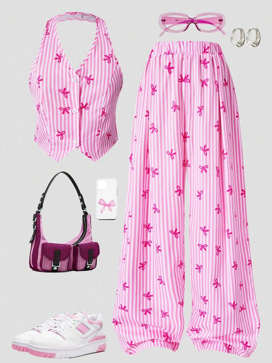 Sparklyn Bộ 2 món gồm áo ba lỗ kẻ sọc và quần ống rộng kẻ sọc dành cho bé gái và thiếu nữ, trang phục thường ngày đi làm, mùa hè. - Hồng - Xem 1