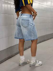 StreetHx Fashionable Casual Street Style Deconstructed Low-Waist Knee-Length Denim Shorts - Light Wash - View 2