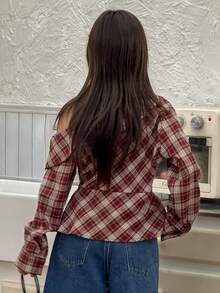 Dazy Kids Tween Girl Plaid Asymmetric Collar Long Sleeve Fashion Shirt