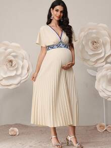 SHEIN 孕妇撞色滚边短袖褶皱腰身优雅连衣裙 - 卡其色 - 查看 1