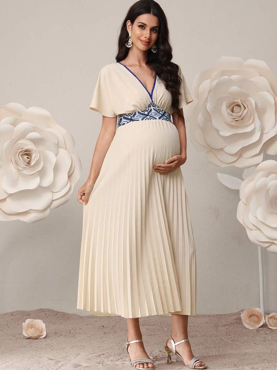 SHEIN 孕妇撞色滚边短袖褶皱腰身优雅连衣裙 - 卡其色 - 查看 1