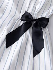 Tween Girl Striped Print V-Neck Textured Fabric Sleeveless Fitted Dress - White - View 6