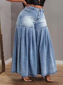 Slaydiva Plus Size Women Casual Fashion Street Chic Daily Commute Pleated Loose Wide Leg Jeans - Coffee Brown - View 4