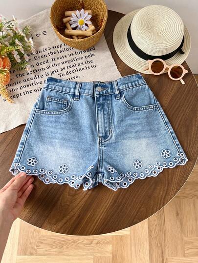 LMoss Kids 女童花卉镂空刺绣下摆宽松蓝色牛仔短裤
