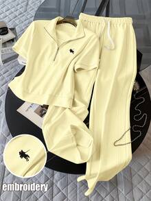 GlowEve CURVE 两件套休闲刺绣半拉链套头卫衣，加大码，浅黄色 - 黃色 - 查看 1