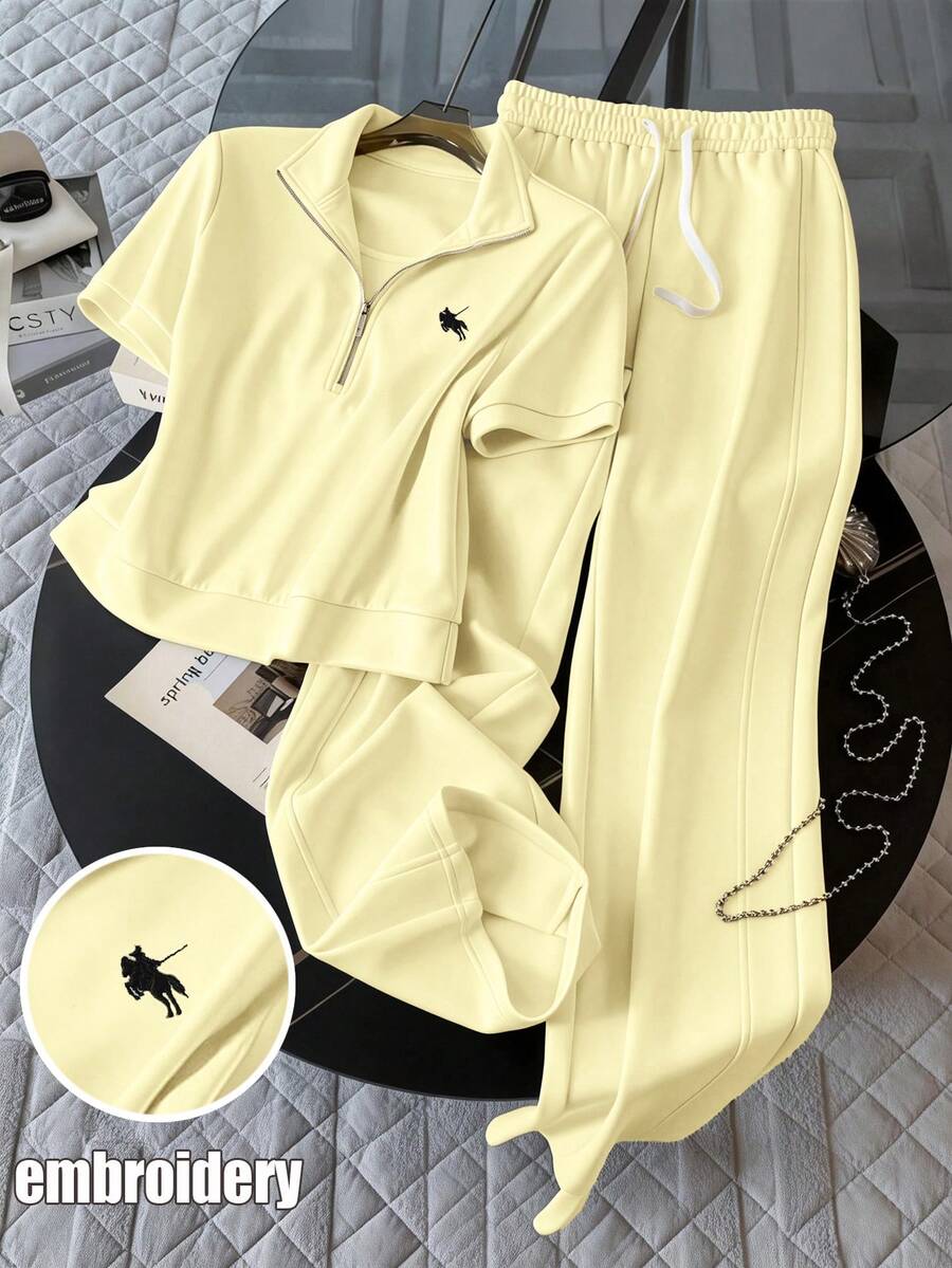 GlowEve CURVE 两件套休闲刺绣半拉链套头卫衣，加大码，浅黄色 - 黃色 - 查看 1