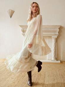 MOTF PREMIUM IVORY CHIFFON RUFFLE HEM DRESS - Apricot - View 2