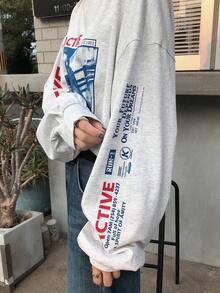 FRIFUL 女士灰色圆领宽松字母印花装饰落肩长袖宽松休闲百搭T恤，秋冬款 - 灰色 - 查看 8