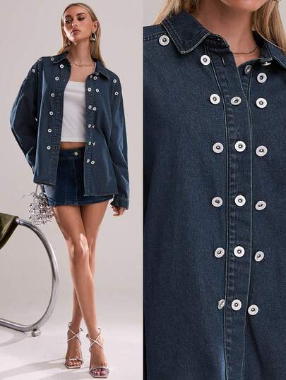 Avantive A Vintage Washed Denim Blue Shirt Jacket Decorated With Rivets Fall Winter Christmas New Year Going Out Graduation Prom Elegant Formal Luxury Chic Business Casual Birthday Office Outfits Country Concert Club Outfits Sexy Western Work Clothes Streetwear Vintage Festival Cocktail Rave Prom Hawaii Airport Funny Basic Brunch Outfits 2000s Style Bodycon Old Money Style Church Homecoming Classy Party Modest Date Night