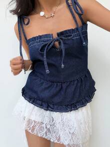 Sunnyshic Women's Fashion Casual Lace Drawstring Tie Ruffle Hem Washed Denim Camisole - Dark Wash - View 8