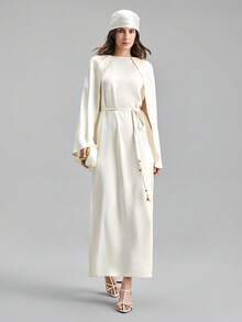 Ontre Đầm maxi dáng dài có mũ, thắt lưng màu be, mẫu mới mùa xuân sớm 2026, phù hợp cho các bữa tiệc thành thị hiện đại, mùa tựu trường, trang phục thường ngày tối giản phong cách thành thị, phong cách Bohemian, kỳ nghỉ, lễ hội, mùa xuân, trang phục lễ hội ngày Valentine, tiệc bãi biển thanh lịch. - Màu be - Xem 4