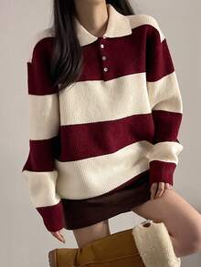 DAZY Women's Collared Striped Patchwork Contrast Color Half-Zip Sweater - Burgundy - View 4