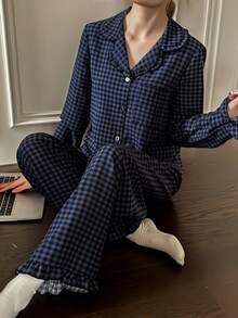 Dream Adore 经典格子荷叶边翻领开衫睡衣套装 - 彩色 - 查看 3