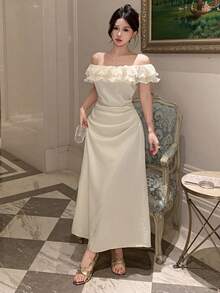 DAZY Women's Elegant Off Shoulder Ruched Patchwork Ruffle Hem Dress, Summer - Beige - View 4