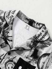 Boys' Graffiti Style Smiling Face Cartoon Graffiti Print Short Sleeve & Pants Pajama Set, Streetwear Inspired Casual Homewear Cartoon Pajams - Multicolor - View 4