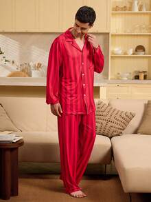 Velminro 男士条纹纽扣前开襟舒适透气休闲睡衣套装 - 紅色 - 查看 4