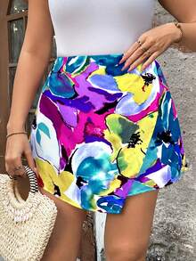 优雅通勤度假风休闲女装畅销花卉面料弹力腰隐形设计大码短裤，春夏秋季款 - 彩色 - 查看 3