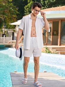 Zalmeno Bộ đồ đi biển dành cho nam: Áo ngắn tay màu trơn và quần short cạp chun có dây rút. - trắng - Xem 3