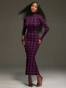 NYA SZN Dress Long Sleeve Fitted Bodycon Turtle Neck Slit Cut Out Midi Length Everyday Casual Business Casual Office Back To School Party Club Evvent Ibiza Holiday Green Knitwear Knit Fall Winter Outfits For Women - Purple - View 3