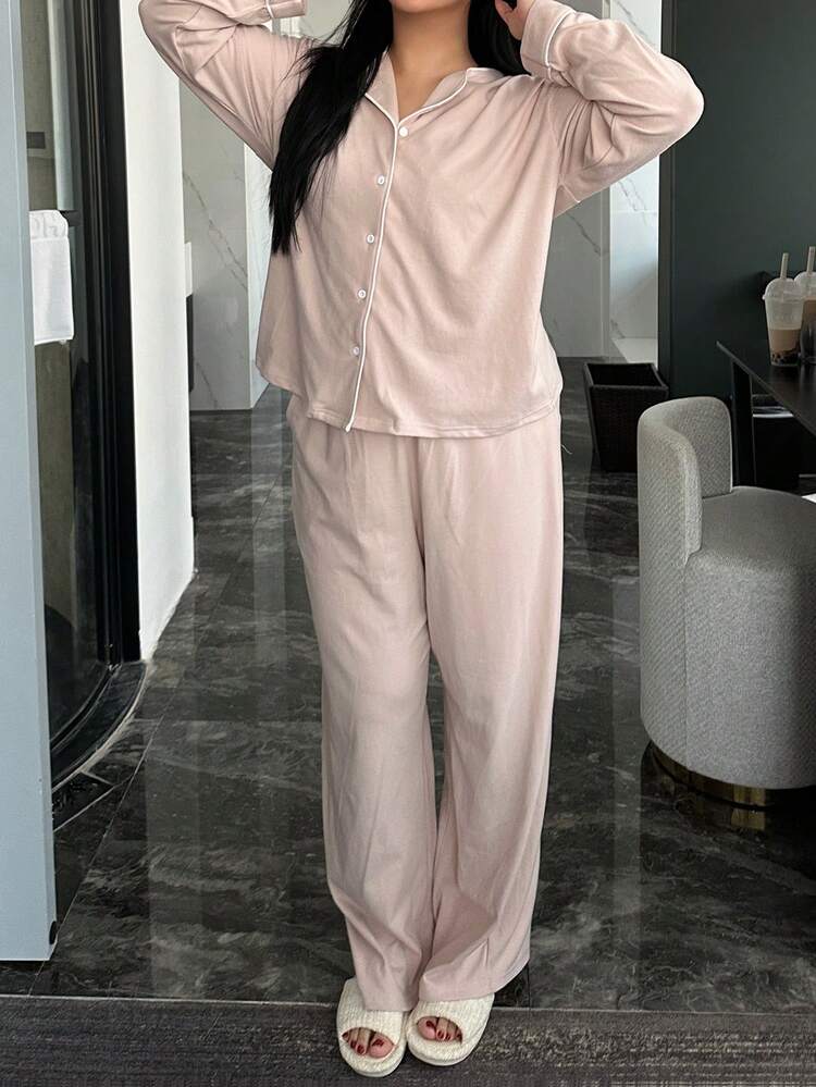 Dazy Plus 2pcs Fashionable Solid Color Loungewear Set, Loose Long Sleeve Shirt Top And Straight Leg Pants, Plus Size Women Spring/Autumn Pajamas