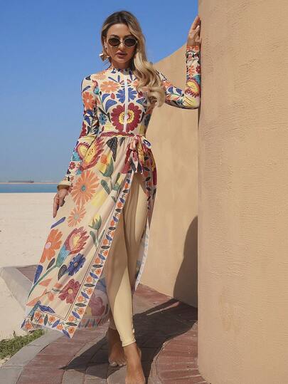 Swim Mulvari Women's New Printed Round Neck Long Sleeve One-Piece Swimsuit, Fitted Long Pants And Beach Skirt 3 Pieces Set