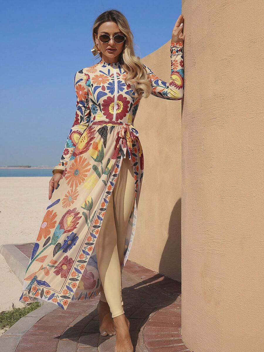 Swim Mulvari Women's New Printed Round Neck Long Sleeve One-Piece Swimsuit, Fitted Long Pants And Beach Skirt 3 Pieces Set - Multicolor - View 1