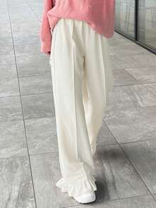 FRIFUL Quần dài nữ cạp chun, chất liệu nhung, phối họa tiết hoa, viền gấu. - trắng - Xem 6