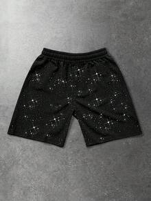 ROMWE MEN Street Life Men's Sequin Print Drawstring Shorts - Black - View 2
