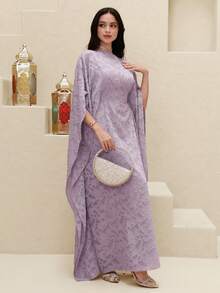 Yasmyna Women's Solid Color Elegant Boat Neck Turkish Maxi Dress, Arabic Traditional Long Robe - Dusty Purple - View 8