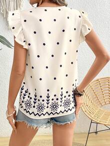 SHEIN Holidaya Camisa informal de mujer con cuello en V y mangas cortas para vacaciones - Blanco y Negro - Ver 3