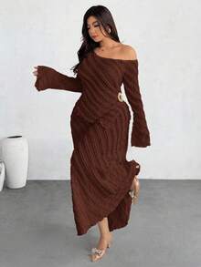 Firerie Plus Size Oblique Shoulder Long Sleeve Casual Fashion Flare Sleeve 2 Pieces Set - Coffee Brown - View 1