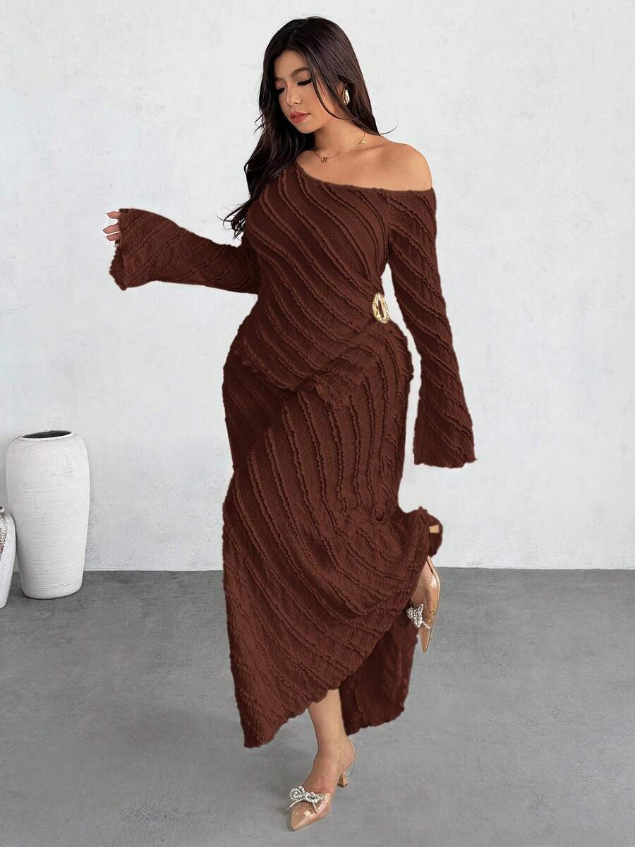 Firerie Plus Size Oblique Shoulder Long Sleeve Casual Fashion Flare Sleeve 2 Pieces Set - Coffee Brown - View 1
