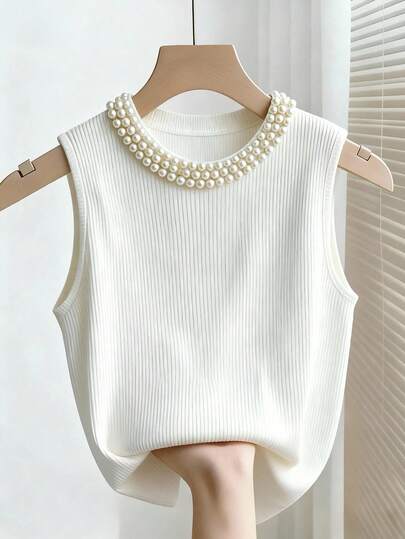 Franclia 女士白色罗纹面料珍珠领装饰无袖休闲日常通勤外出下午茶约会上衣背心罗纹上衣无袖上衣优雅上衣珍珠上衣象牙色上衣连衣裙上衣可爱