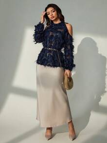 Bluhae Women's Solid Color Casual/Office Off-Shoulder Long Sleeve Minimalist Button-Up Shirt - Navy Blue - View 3