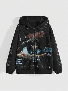 ROMWE J-Fashion Unisex Retro Baddie Street Style Starry Sky Print Casual Sweatshirt, Versatile For Women & Men - Black - View 1