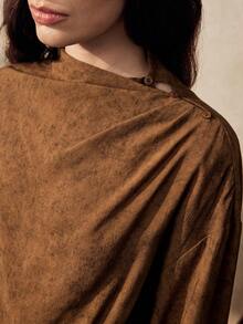 女士秋季新款简约休闲通勤户外返校高领长袖不对称腰线喇叭连衣裙，棕色 - 棕色 - 查看 4