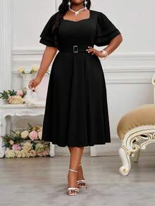 SHEIN Lady 春夏优雅派对婚礼鸡尾酒会音乐会/音乐节卡其色针织翻领撞色亮片中长短袖连衣裙，大码女装 - 黑色 - 查看 3