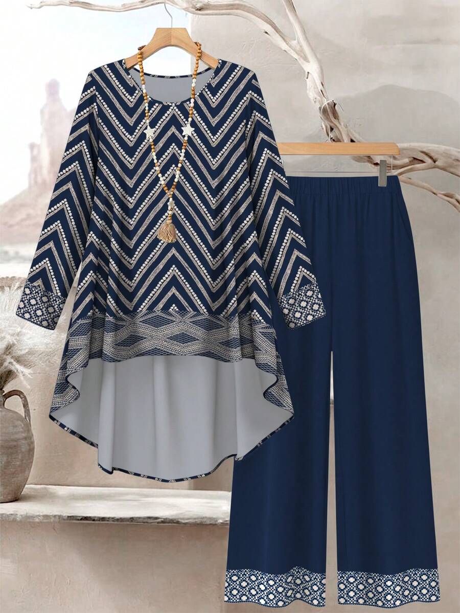 SHEIN Lacomfia Bộ đồ nữ cỡ lớn họa tiết hoa hình học cổ điển, thời trang mùa xuân, cổ tròn, tay dài, vạt bất đối xứng, áo và quần dáng rộng. - Nhiều màu - Xem 1